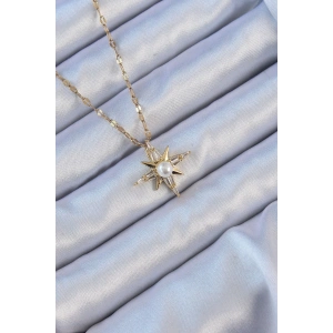 316L Çelik Zincir Altın Renk Baget Taşlı İnci Detay Kutup Yıldızı Kolye