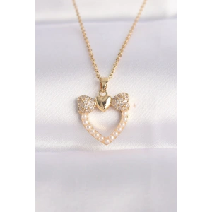 316L Çelik Zincir Altın Renk İnci Taş Detay Zirkon Taşlı Kalp Kolye
