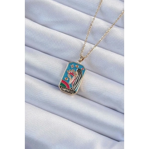 316L Çelik Zincir Altın Renk Taç ve Kız Figürlü Renkli Mineli Tarot Kolye