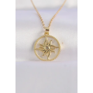 316L Çelik Zincir Altın Renk Zirkon Taşlı Oval Tasarım Güneş Kolye