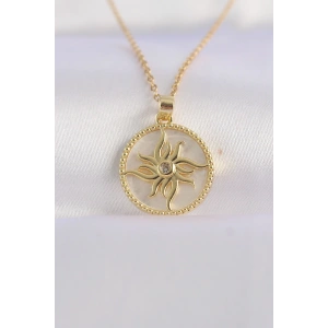 316L Çelik Zincir Altın Renk Zirkon Taşlı Oval Tasarım Güneş Kolye