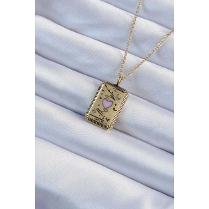 316L Çelik Zincir Eskitme Altın Renk Pembe Mineli Kalp Figürlü Tarot Kolye