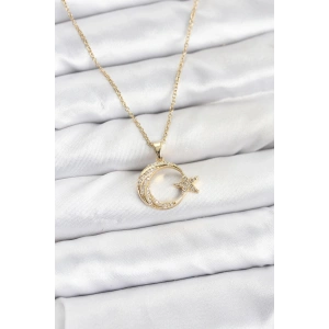 316L Çelik Zincir Gold Renk Ay Yıldız Model Zirkon Taşlı Kadın Kolye