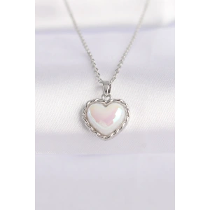 316L Çelik Zincir Gümüş Renk Beyaz Taşlı Bombeli Kalp Kolye