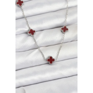 316L Çelik Zincir Gümüş Renk Bordo Baby Boy Yonca Kadın Kolye