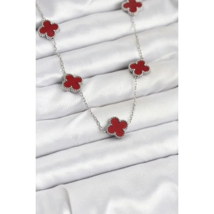 316L Çelik Zincir Gümüş Renk Bordo Renk Yonca Kadın Kolye