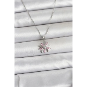 316L Çelik Zincir Gümüş Renk Pembe Papatya Model Kadın Kolye