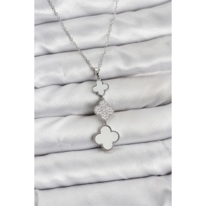 316L Çelik Zincir Gümüş Renk Yonca Detaylı Zirkon Taşlı Kadın Kolye