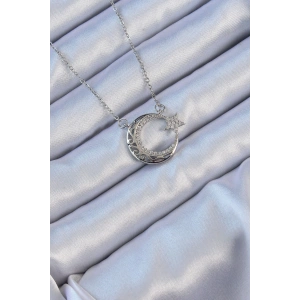 316L Çelik Zincir Gümüş Renk Zirkon Taşlı Motifli Ay Yıldız Kolye