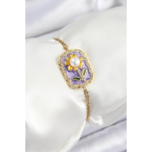 316L Çelik Zincir Mor Mineli Sanatsal Portre İnci Detaylı Papatya Model Gold Renk Kadın Bileklik