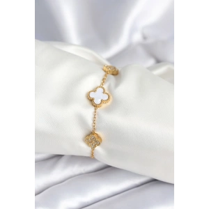 316L Çelik Zincir Zirkon Taşlı Yonca Beyaz Kadın Bileklik