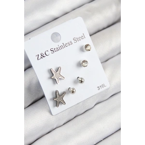 316L Çelik Zirkon Taşlı Deniz Yıldızı Model Gümüş Renk Kadın Set Küpe