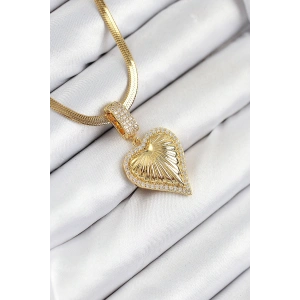316L Çelik Zirkon Taşlı Kalp Model Gold Renk Kadın Kolye