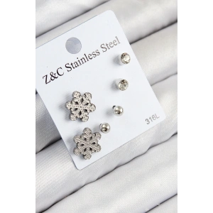 316L Çelik Zirkon Taşlı Kar Tanesi Model Gümüş Renk Kadın Set Küpe