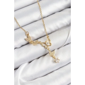 316L Çelik Zirkon Taşlı Kelebek Model Gold Renk Kadın Kolye