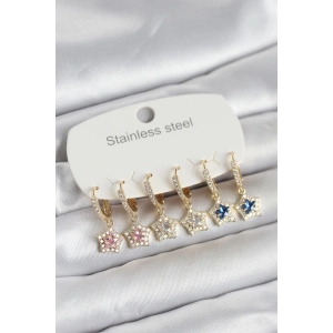 316L Çelik Zirkon Taşlı Yıldız Form 6lı Set Kadın Küpe
