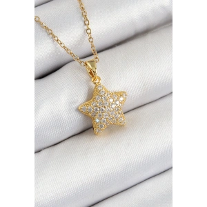 316L Çelik Zirkon Taşlı Yıldız Model Gold Renk Kadın Kolye