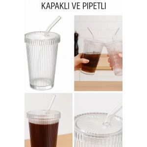 4 Adet Latte Kapaklı Pipetli Kristal Desen Fenomen Bardak Soğuk Kahve, Smoothie, İçecek Bardağı