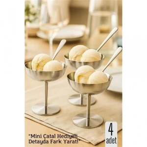 4 lü Gümüş Inox Çelik Ayaklı Dondurma ve Sunum Kasesi – Tatlı, Lokum ve Sunum Kabı