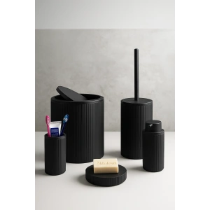 5li Eco Banyo Seti Çöp Kovası Tuvalet Fırçası Sabunluk Diş Fırçalık 5 Parça Siyah Çizgili Yuvarlak