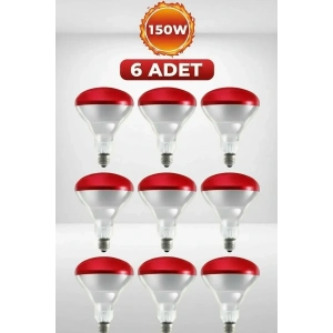 (6 Adet) 150W Kızılötesi Isıtıcılı Hayvan Isıtma ve Kuluçka Lambası (Kırmızı Işık) E27 (Kalın Duy)