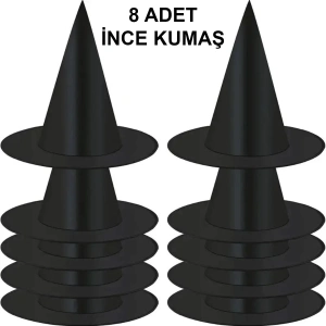 8 Adet Siyah Cadı Şapkası – Yetişkin & Çocuk Kostüm Aksesuarı