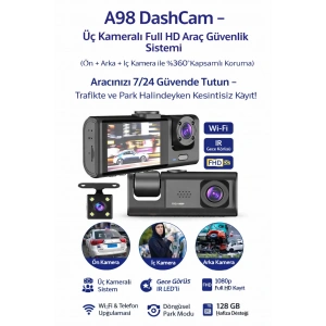 Akıllı Full HD 3 Kameralı Araç İçi Güvenlik Kamerası Ön-Arka-İç Kayıt, Park Modu