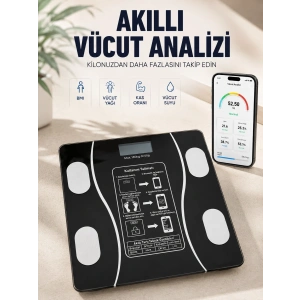 Akıllı Vücut Analiz Baskülü Bluetooth Bağlantılı 4 Sensörlü LCD Ekranlı Dijital Tartı