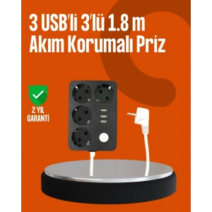 Akım Korumalı 3 USB Portlu 4’lü Priz 4.1A Hızlı Şarj