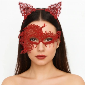 Alevin Zarafeti Kırmızı Dantel Maske ve Taç Seti 4 No – Kadın Kostüm Tamamlayıcı (5047)