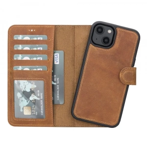 Apple iPhone 14 Uyumlu Deri Cüzdanlı Kılıf MWWN G19 Taba