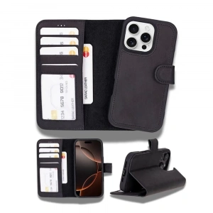 Apple iPhone 16 Pro uyumlu, Hakiki Deri, El Yapımı, Cüzdanlı Kılıf, Mat Siyah