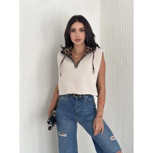 Astarlı kapşonlu kuzu yelek beyaz t1243