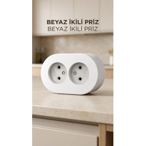 Beyaz Çift Girişli Topraklı Sıva Üstü Priz, Dekoratif Duvar Elektrik Ünitesi