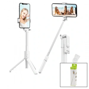 BEYAZ  SELFİ ÇUBUK - TRİPOD AYAKLI  57CM UZAYAN-KISALAN SAPLI + 10CM =67CM (5047)