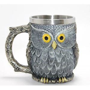 Bilge Baykuş Figürlü 3D Kabartmalı Paslanmaz Çelik Kupa Bardak