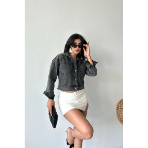 Çift cepli kol katlamalı süper taş enzim yıkama crop kot ceket füme d2000