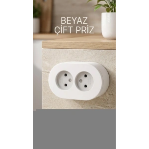 Çift Girişli Beyaz Sıva Üstü Topraklı Priz - Dekoratif Duvar Prizi