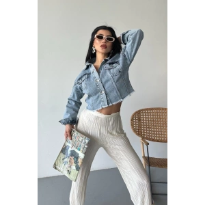 Çift kapaklı püsküllü crop buz mavi d2002