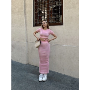 Çizgili etekli takım pembe s3609