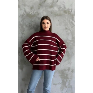 Çizgili ispanyol kol triko boğazlı kazak bordo elf