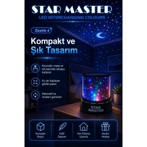 Çocuk Odası İçin Renkli Yıldız Yansımalı LED Gece Lambası Dekoratif Projektör