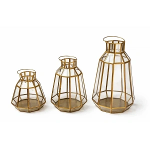 Dekoratif Gold Metal 3lü Fener Mumluk Seti