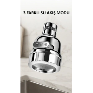 Döner Başlıklı Su Tasarruflu Krom Musluk Ucu 3 Fonksiyonlu Lavabo Aparatı