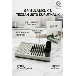Drenajlı Gri Bulaşıklık Tezgah Üstü Tabak Bardak Kurutma Mutfak Düzenleyici