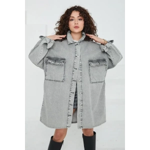 Düz Gömlek Yaka Kadın Gri Kuş Gözü Cepli Kot Ceket