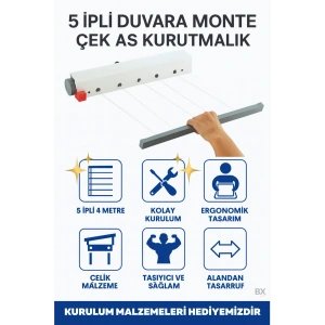 Ergonomik Çamaşırlık 5 Metre 5 İp, Kaliteli İpler, Önce Çek Sonra Sabitle, Kurulum Dahil