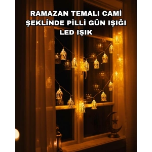 Ev Dekoru İçin Ramazan LED Işık Pilli Sıcak Sarı Cami Figürlü