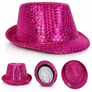 Fuşya Pembe Payetli Disco Parti Şapkası Yetişkin Işıltılı Fötr Model