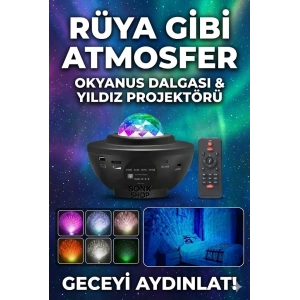 Galaksi Yıldız Projektörü ve Bluetooth Hoparlör 10 Renk Modlu Okyanus Dalgalı Gece & Disko Lambası